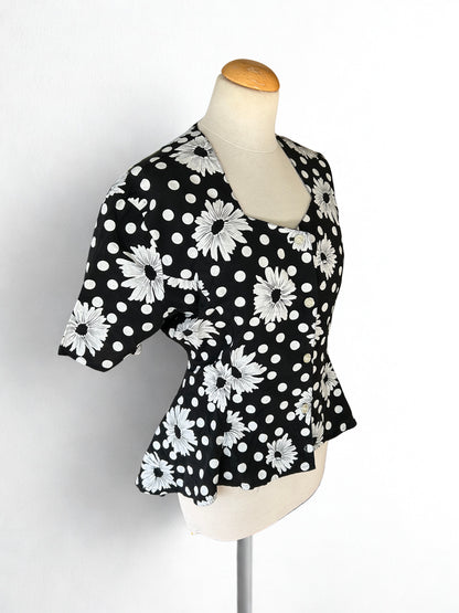 Blouse vintage pour symétrique noire à pois blanc