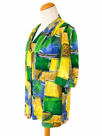 Chemisier vintage imprimé abstrait vert jaune