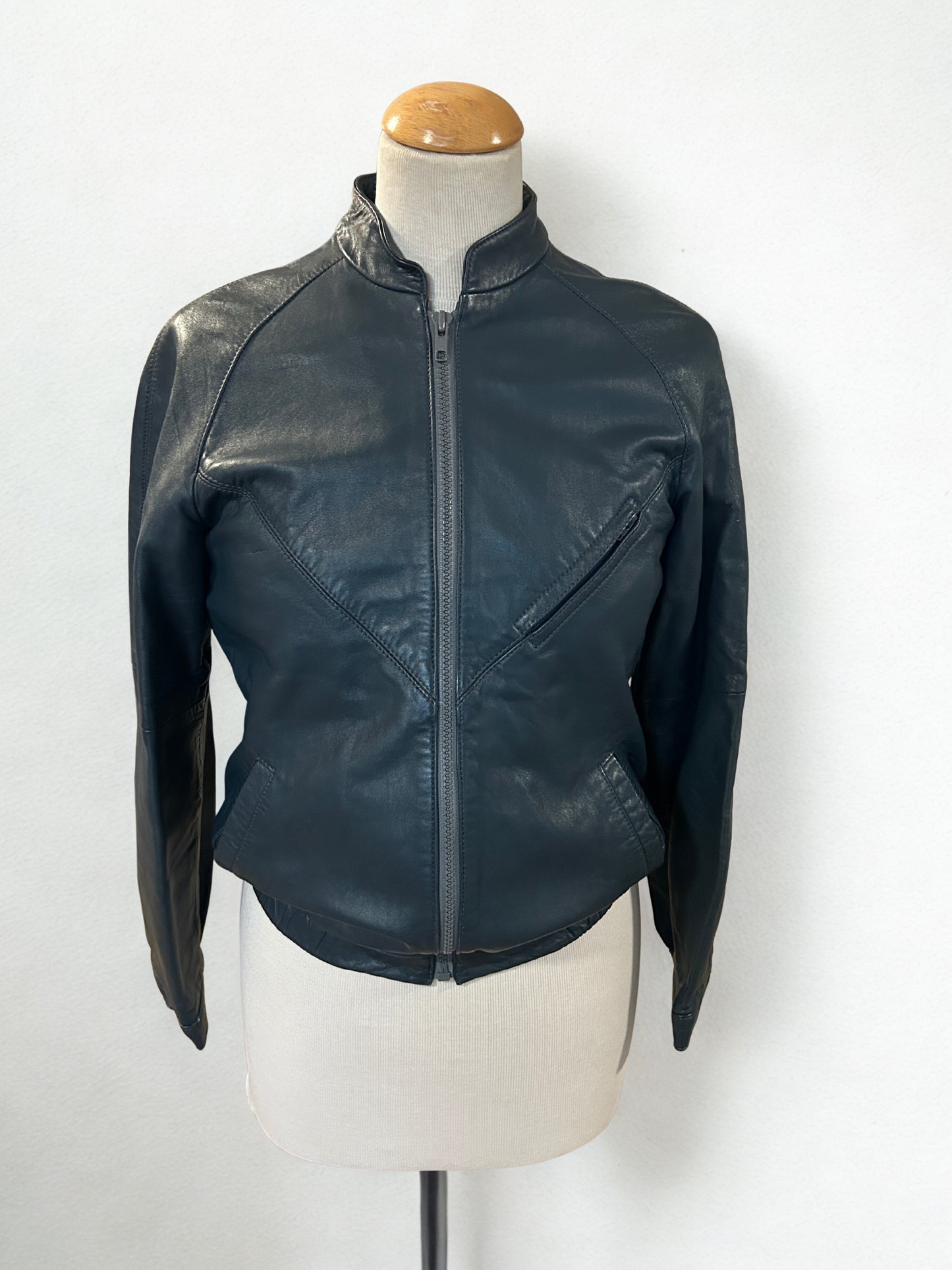 Veste en cuir véritable bleu pétrole