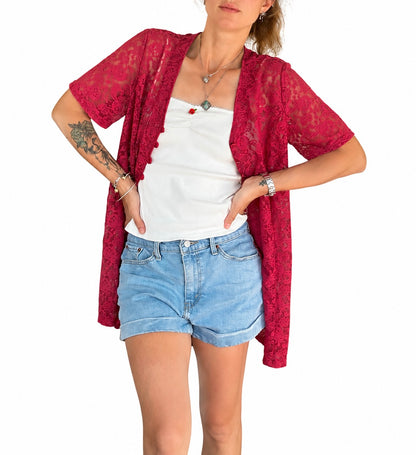Gilet long dentelle framboise vintage