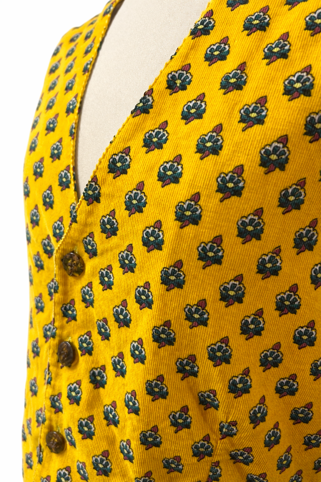 Gilet vintage Naf Naf en velours jaune fleuri – dos réglable – Taille S