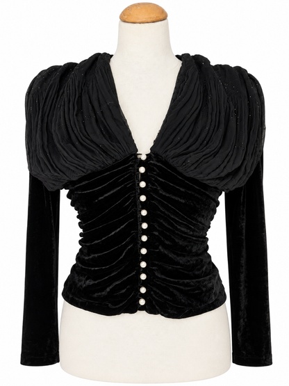 Haut noir vintage velours froncé