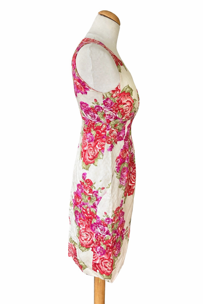 Robe vintage en soie fleurs rose et paillettes