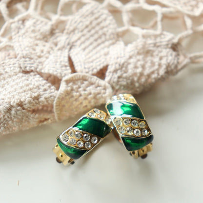 Boucles d'oreille clips vintage demi anneau vert et or la friperie vintage 25