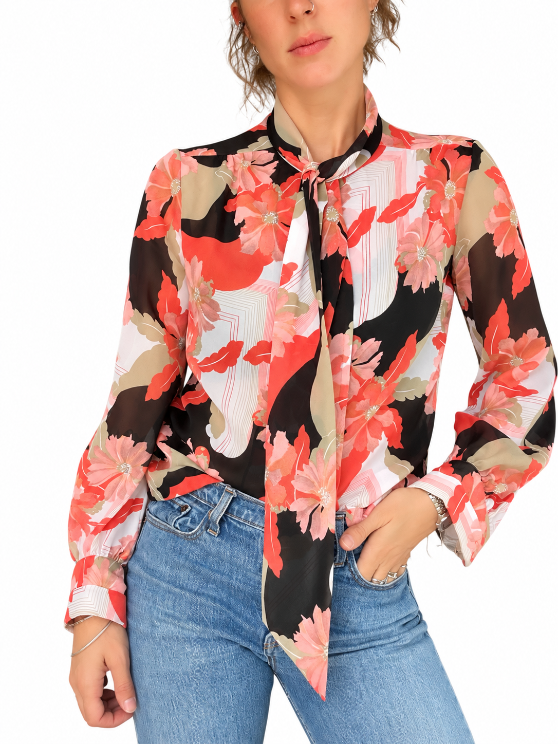 Chemisier vintage imprimé floral col lavallière