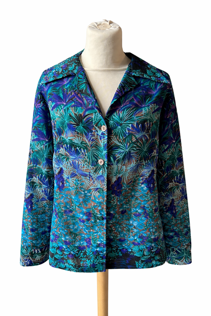 Chemisier vintage imprimé tropical bleu vert