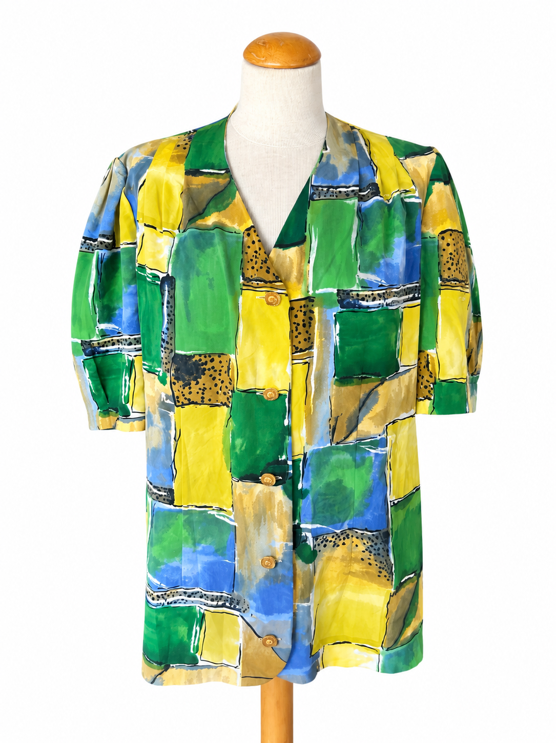 Chemisier vintage imprimé abstrait vert jaune