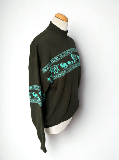 Pull vintage col montant motif frise turquoise – Fabriqué en France – L/XL
