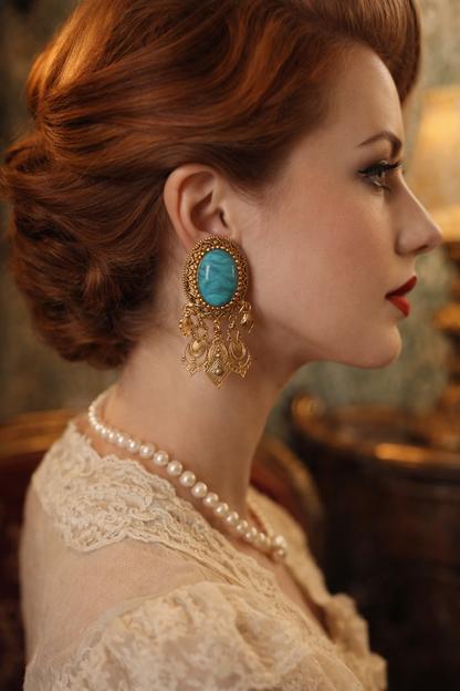 Boucles d’oreille clips vintage dorées cabochon turquoise