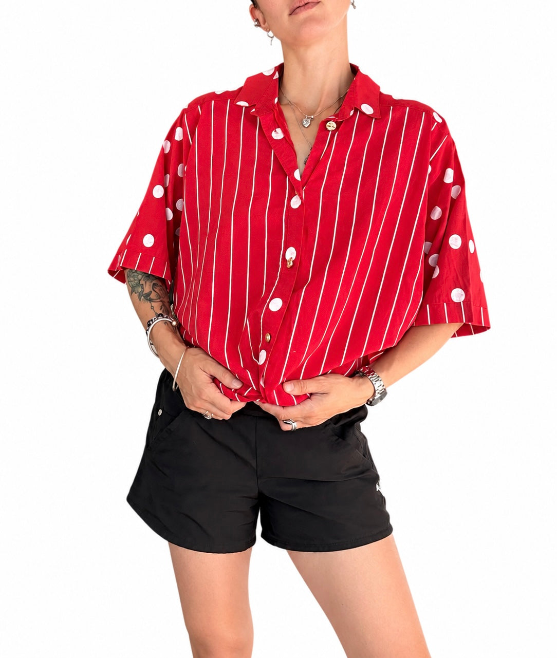 Chemisier vintage rouge à rayures et pois