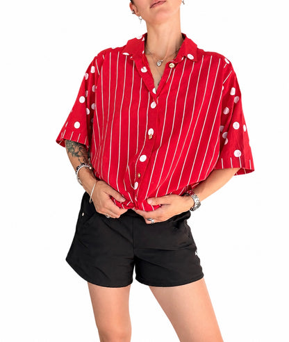 Chemisier vintage rouge à rayures et pois