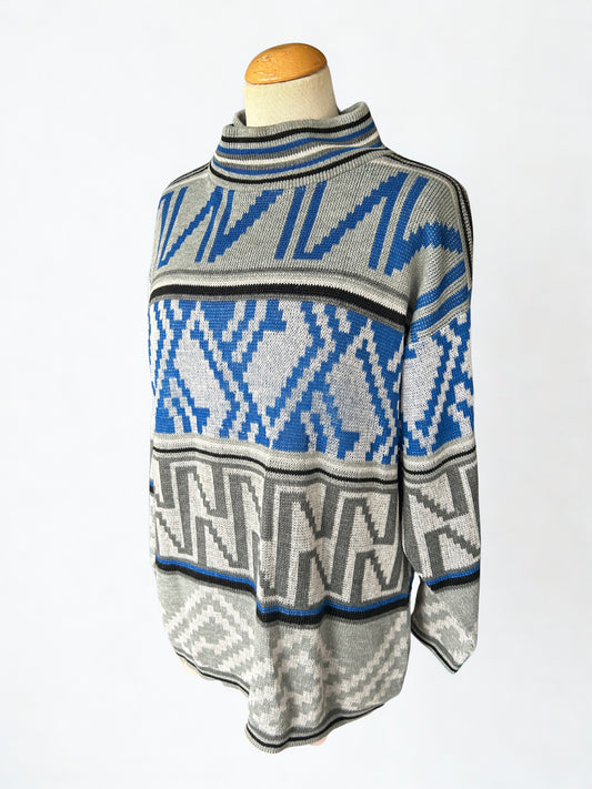 Pull vintage col montant motif gris bleu