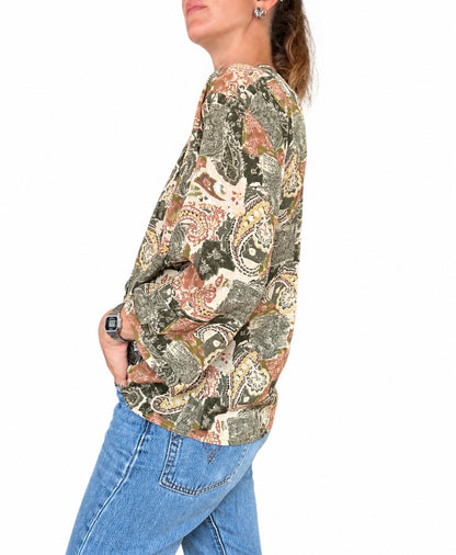Chemisier vintage motifs cachemire kaki