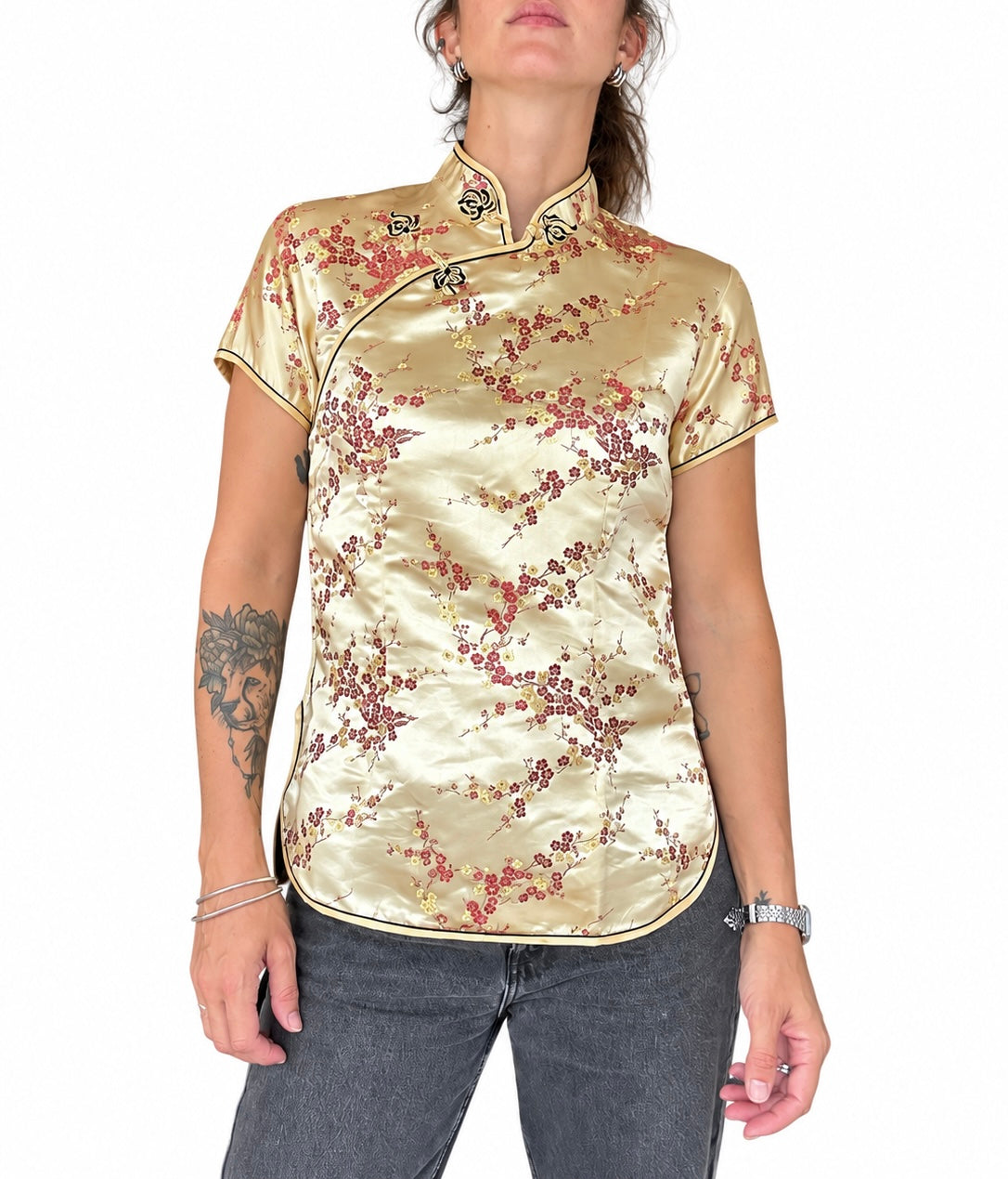 Top chinois vintage doré à fleurs
