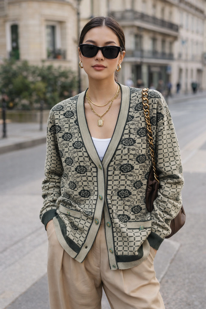 Cardigan vintage vert motifs fleurs