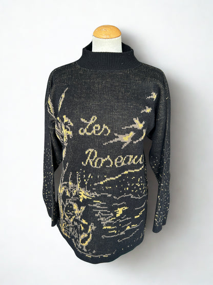Pull vintage col montant motif oiseaux