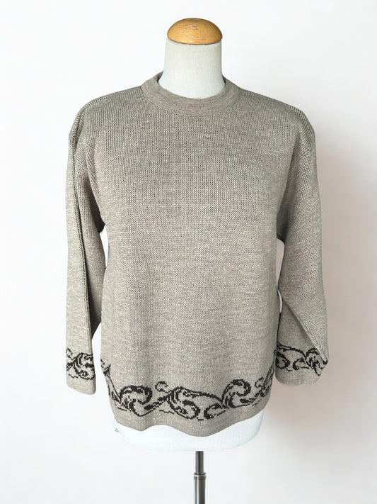 Pull vintage beige à motifs marron