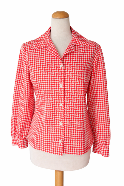 Blouse vintage pied-de-poule rouge et blanc