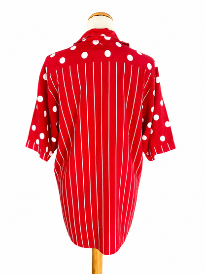 Chemisier vintage rouge à rayures et pois