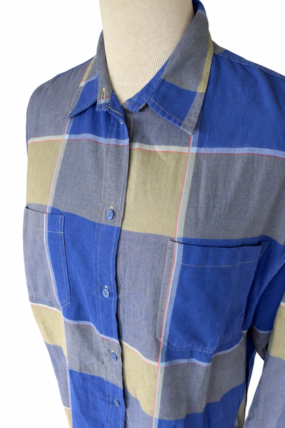 Chemise vintage à carreaux bleu kaki