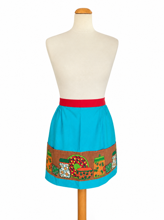 Tablier vintage bleu motifs cuisine