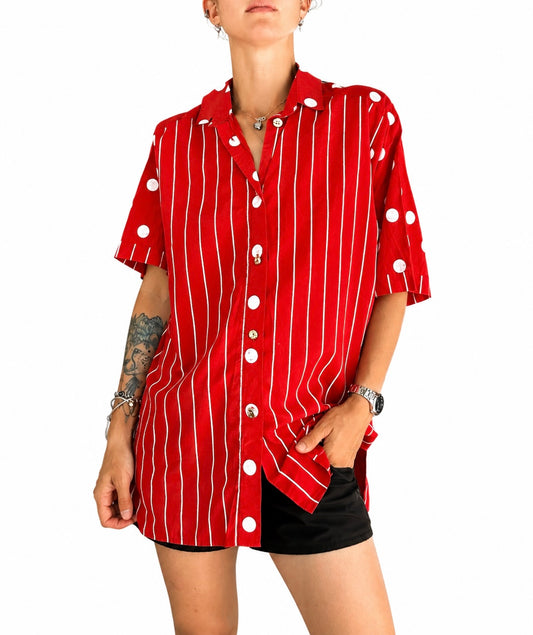 Chemisier vintage rouge à rayures et pois