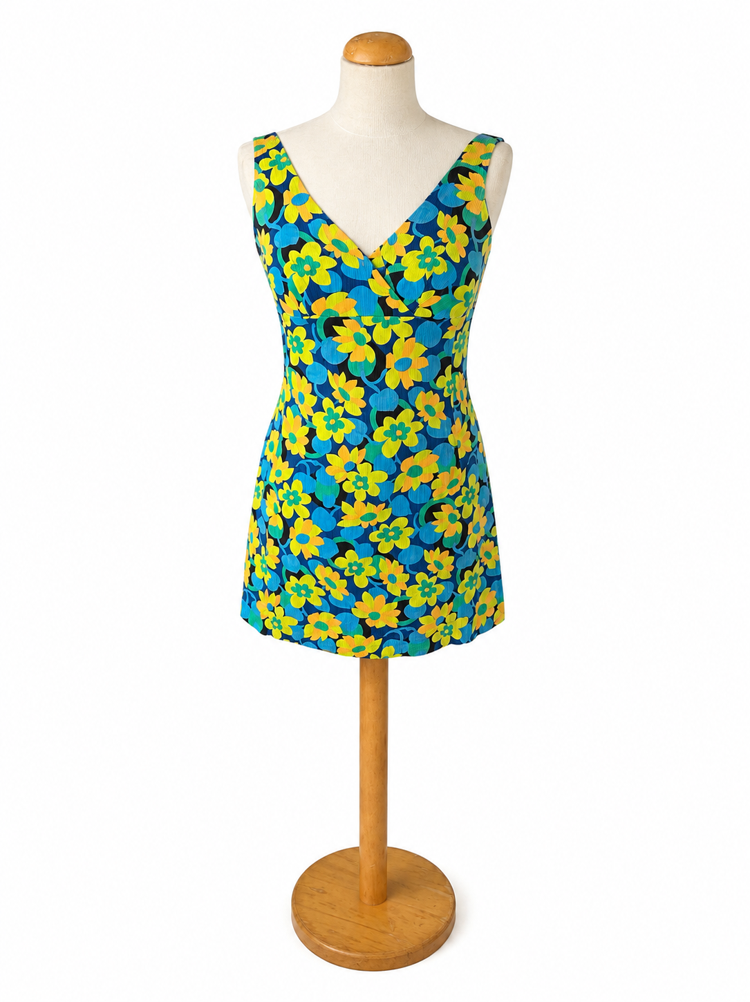Robe rétro 70 fleurs bleues et jaune