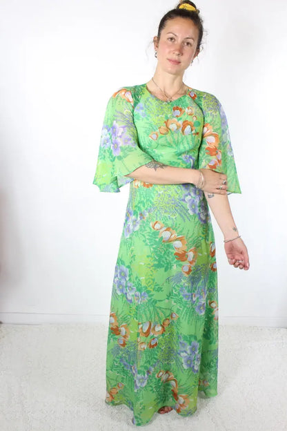 Robe longue vintage années 70 verte à fleurs - la friperie vintage 25