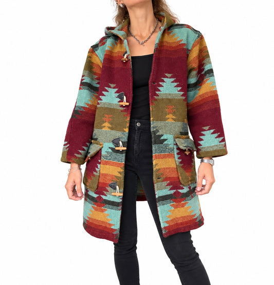Manteau vintage à capuche motifs aztèques multicolores