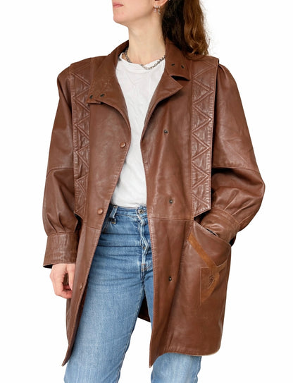 Veste vintage longue cuir marron