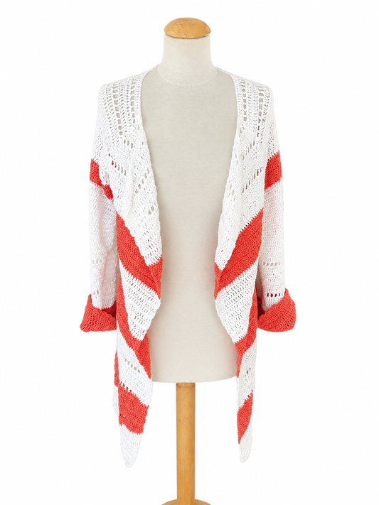 Gilet long en crochet orange blanc