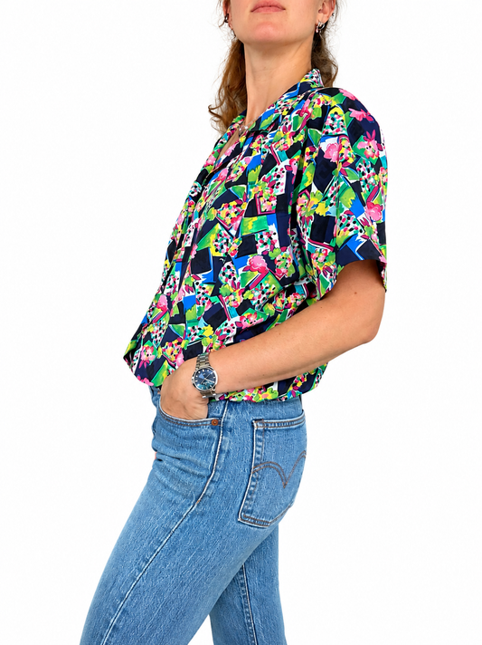 Chemisier vintage motifs floral multicolore