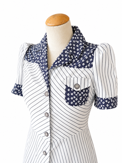Robe vintage rayée fleurie bleu