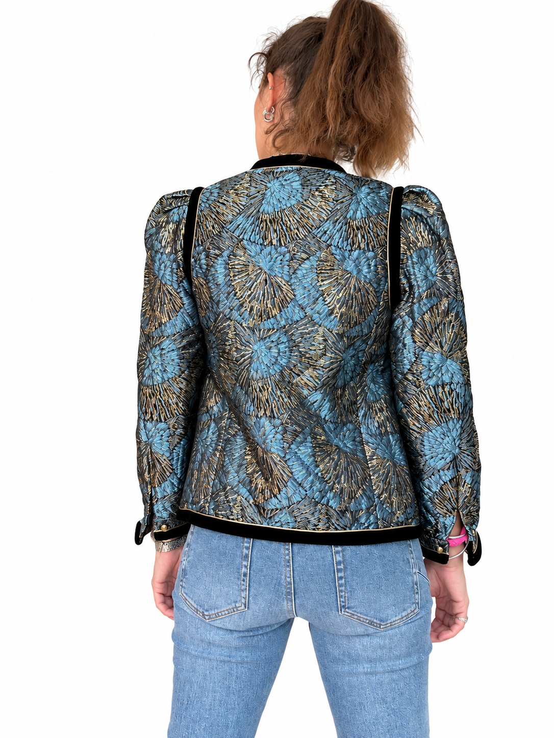Veste vintage jacquard bleu or