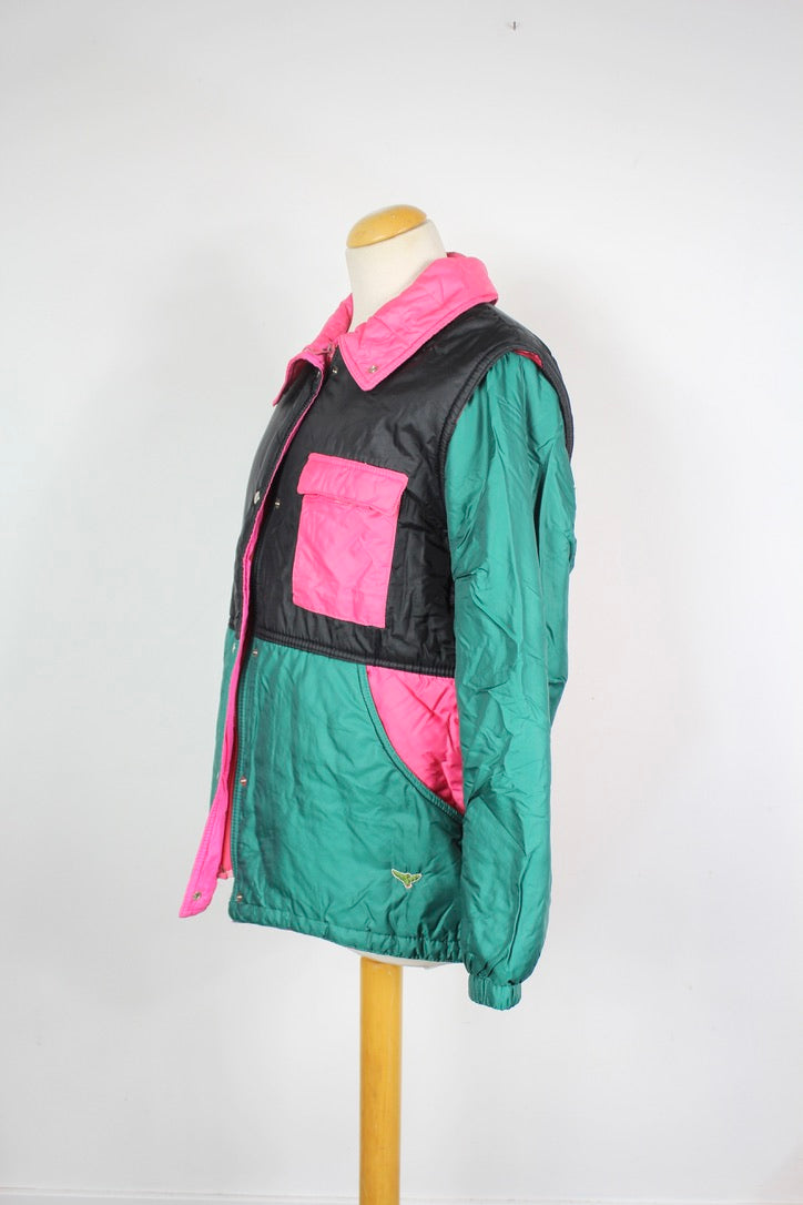 Veste de ski vintage hiver chaude années 90 noir rose vert
