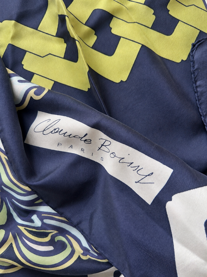 Foulard vintage soie Claude Boissy bleu jaune