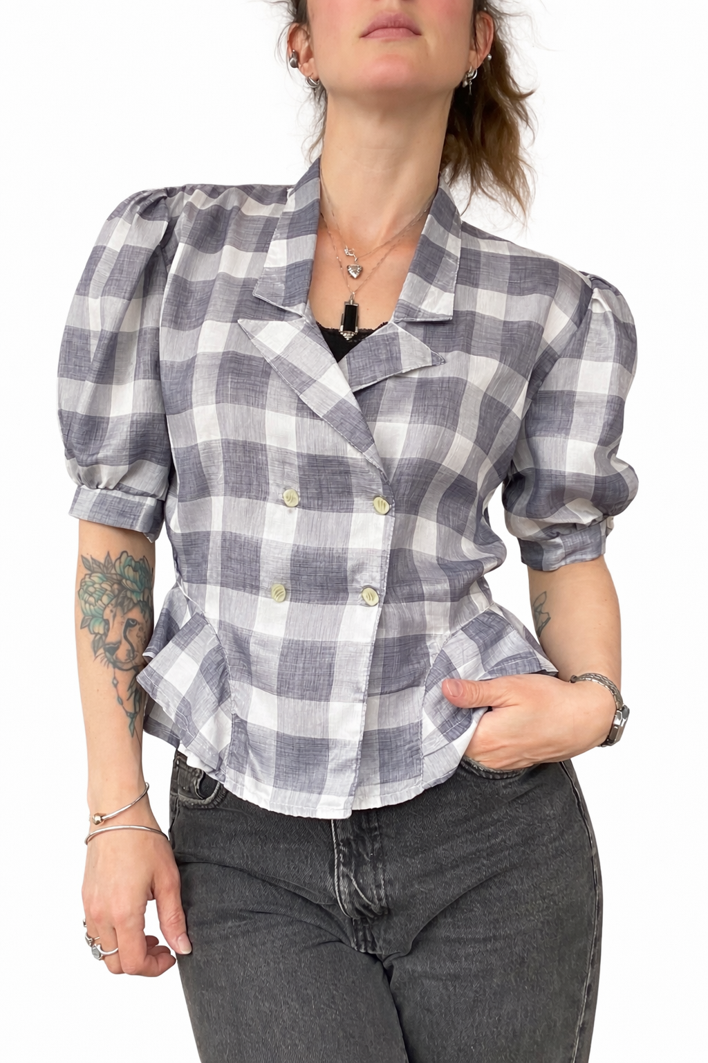 Blouse vintage à carreaux gris et blanc