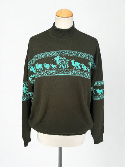 Pull vintage col montant motif frise turquoise – Fabriqué en France – L/XL