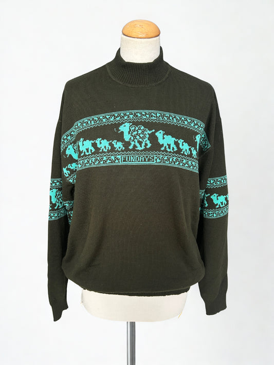 Pull vintage col montant motif frise turquoise – Fabriqué en France – L/XL