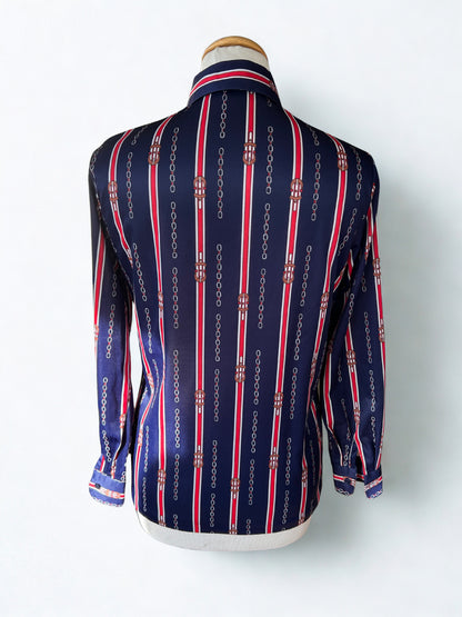 Chemisier vintage motifs chaînes bleu rouge