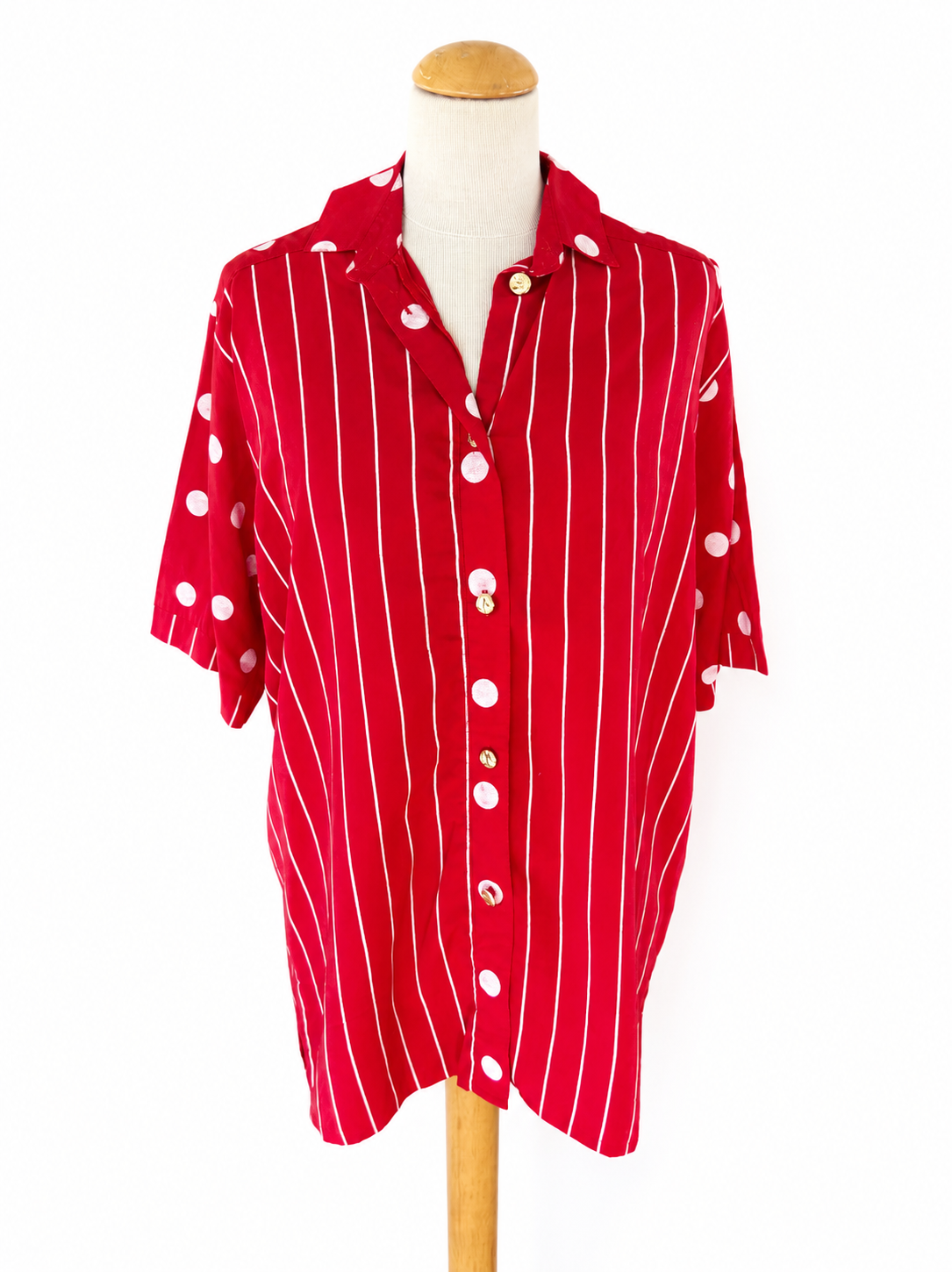 Chemisier vintage rouge à rayures et pois