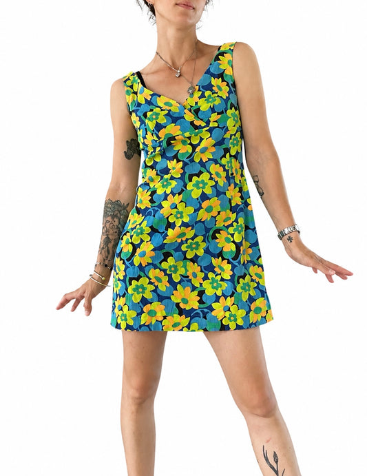 Robe rétro 70 fleurs bleues et jaune