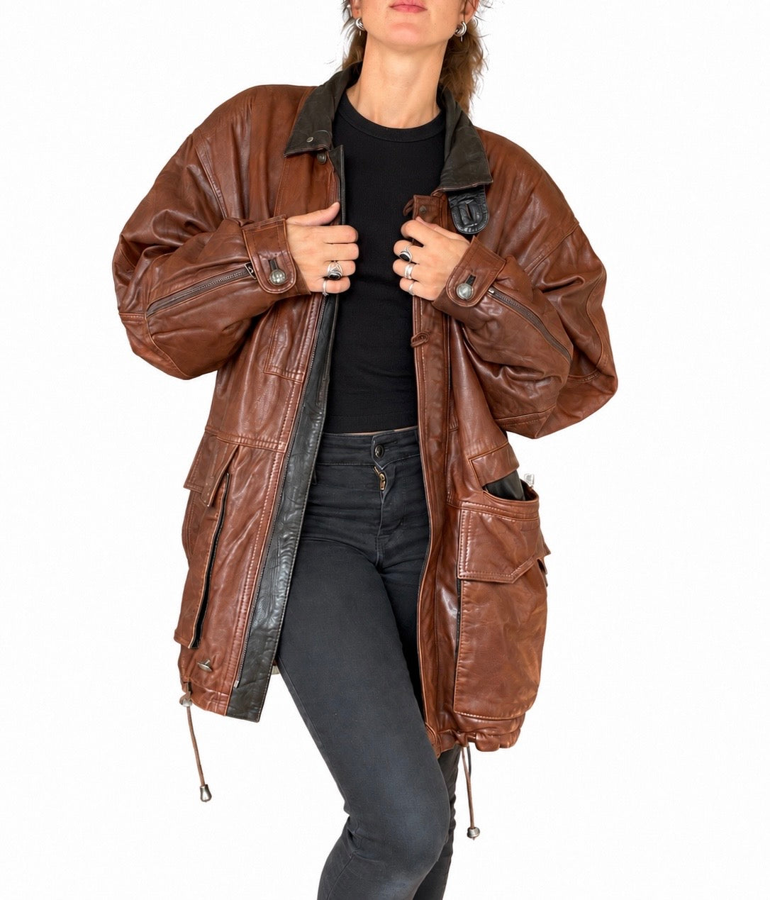 Veste en cuir vintage marron oversize