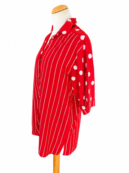 Chemisier vintage rouge à rayures et pois