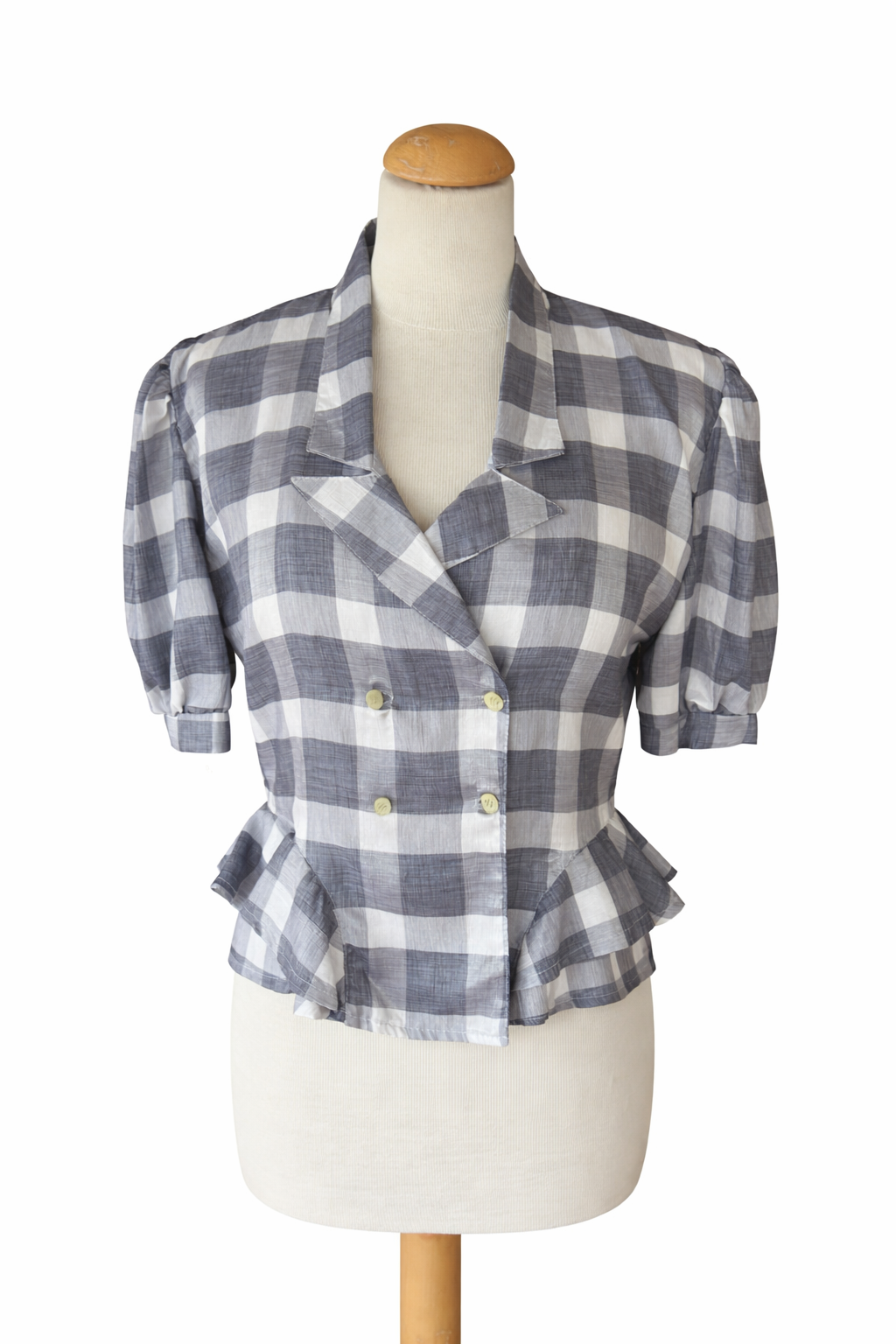 Blouse vintage à carreaux gris et blanc