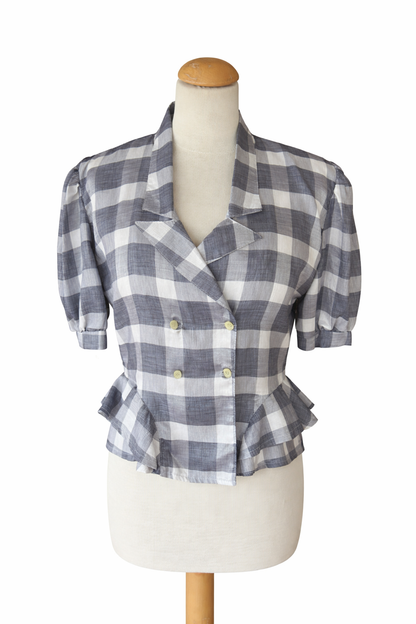 Blouse vintage à carreaux gris et blanc