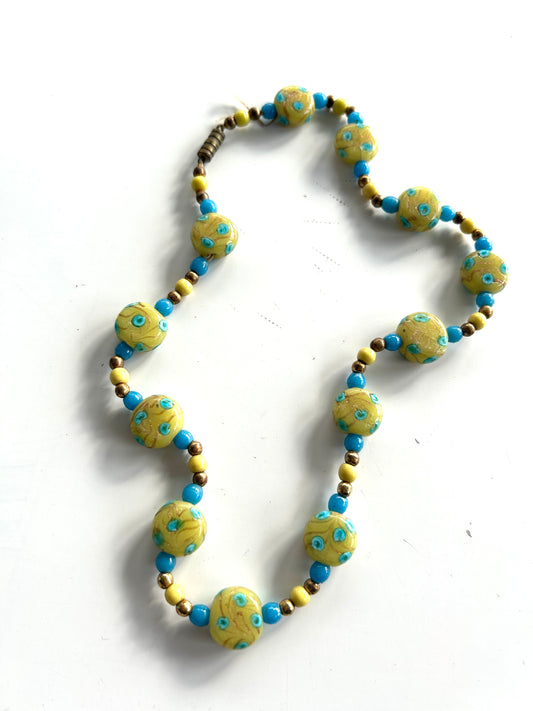 Collier vintage en verre bleu jaune
