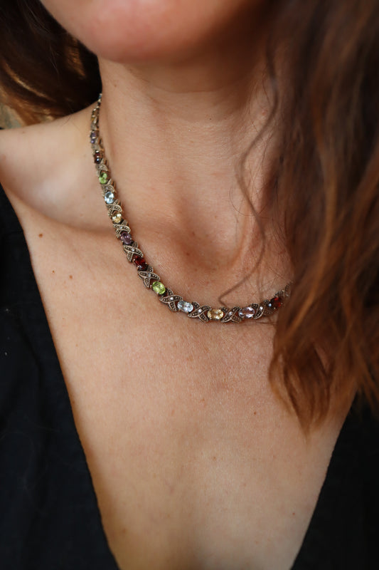 Collier vintage argent 925 doré et pierre colorées