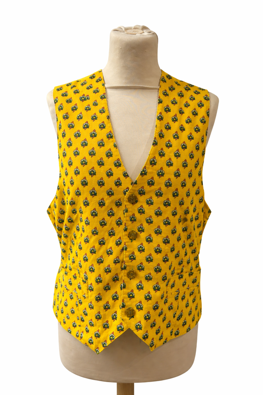 Gilet vintage Naf Naf en velours jaune fleuri – dos réglable – Taille S