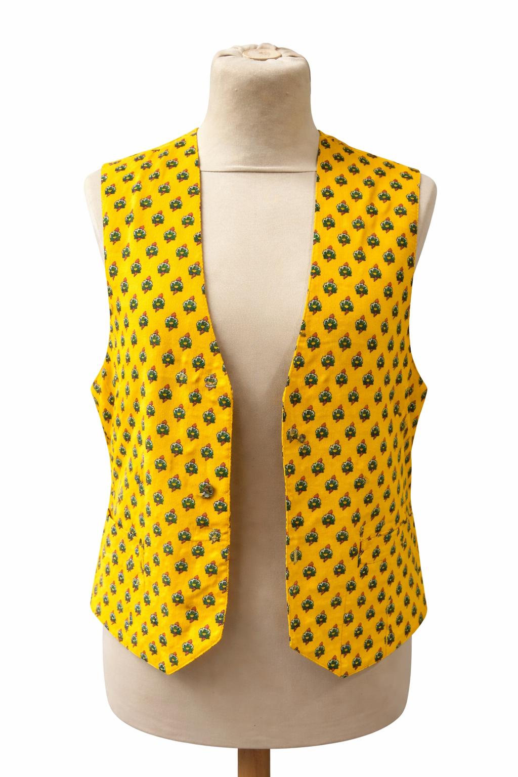Gilet vintage Naf Naf en velours jaune fleuri – dos réglable – Taille S
